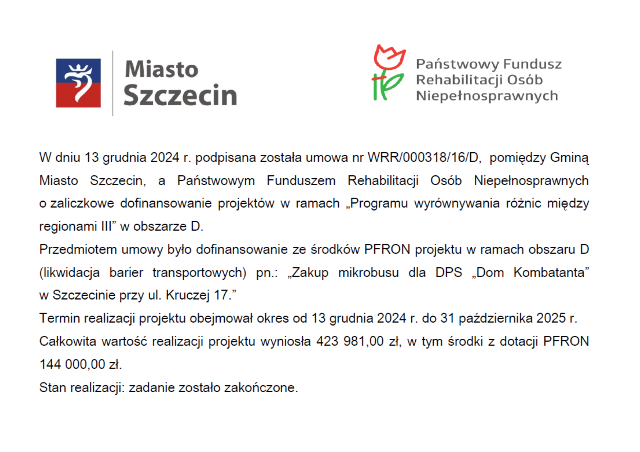 Zakup mikrobusu dla DPS „Dom Kombatanta” ze środków PFRON