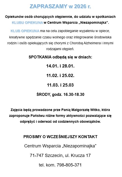 Nowe terminy spotkań Klubu Opiekuna!